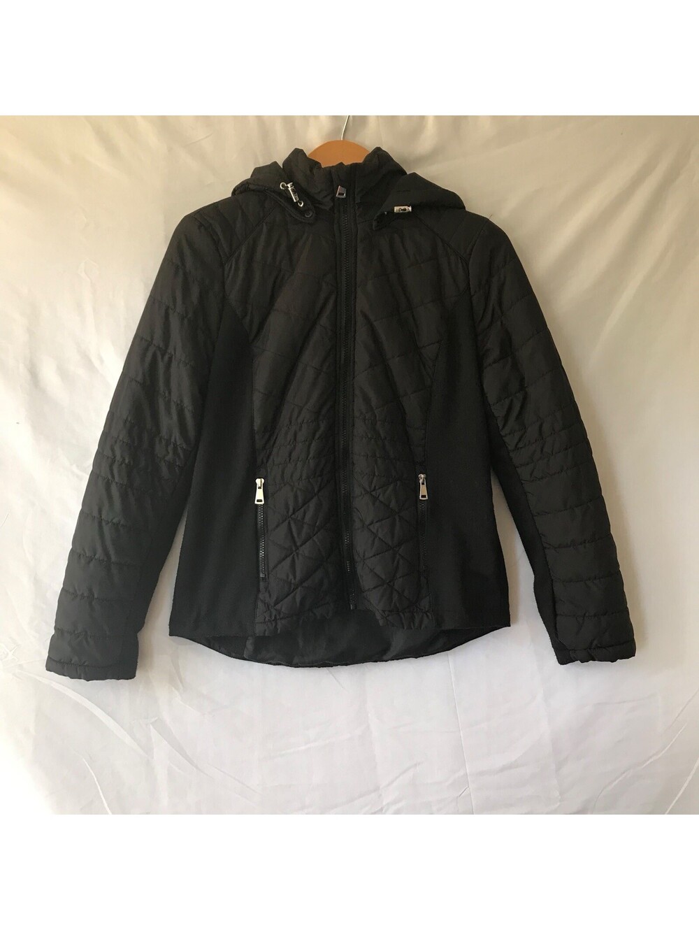 Black Puffer Jacket M Hooded Quilted Zip Pockets Flaw Repair As Is